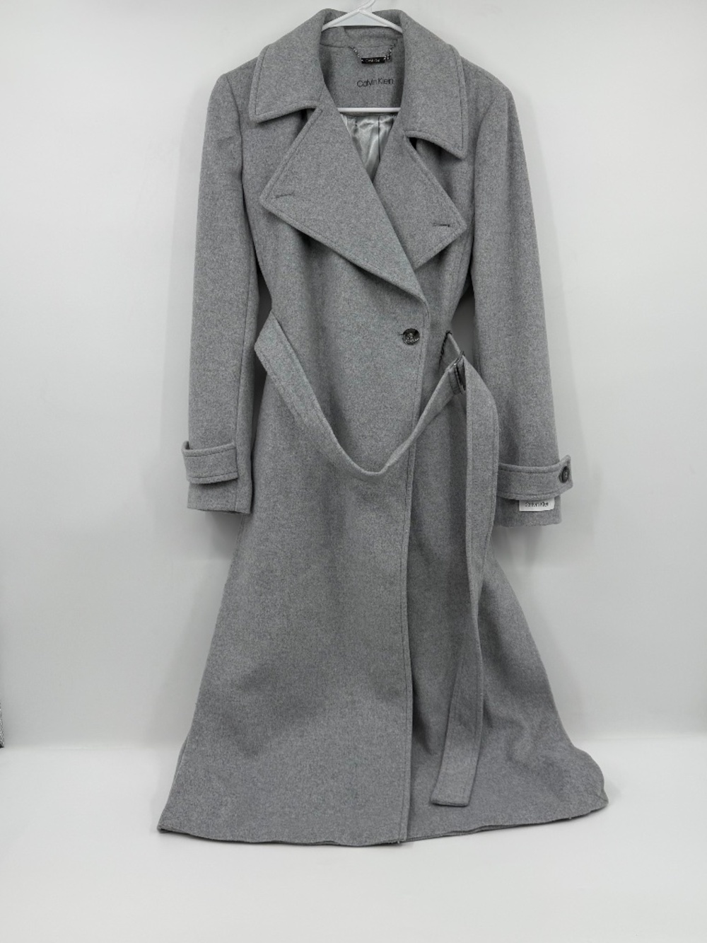 Calvin Klein Coat Women 4 NEW Gray Wool Blend Full Length Single Breasted Belted